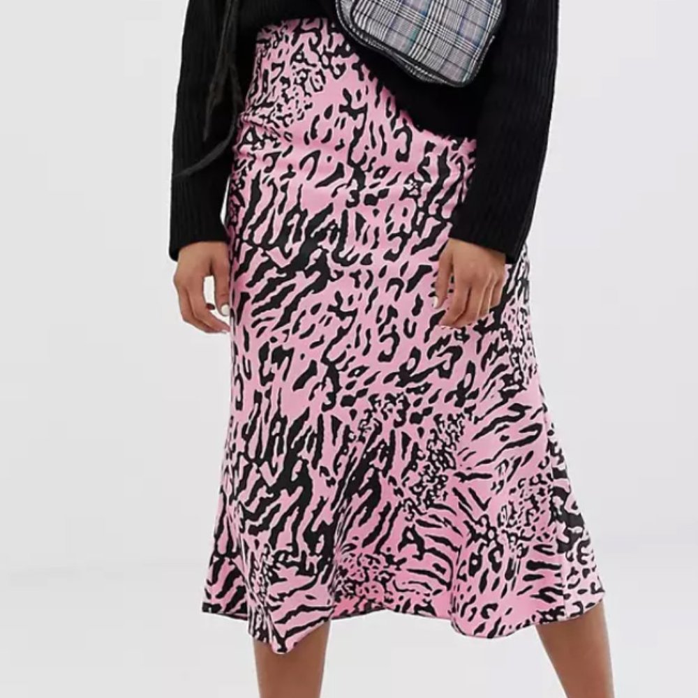 Pink satin slip midi skirt